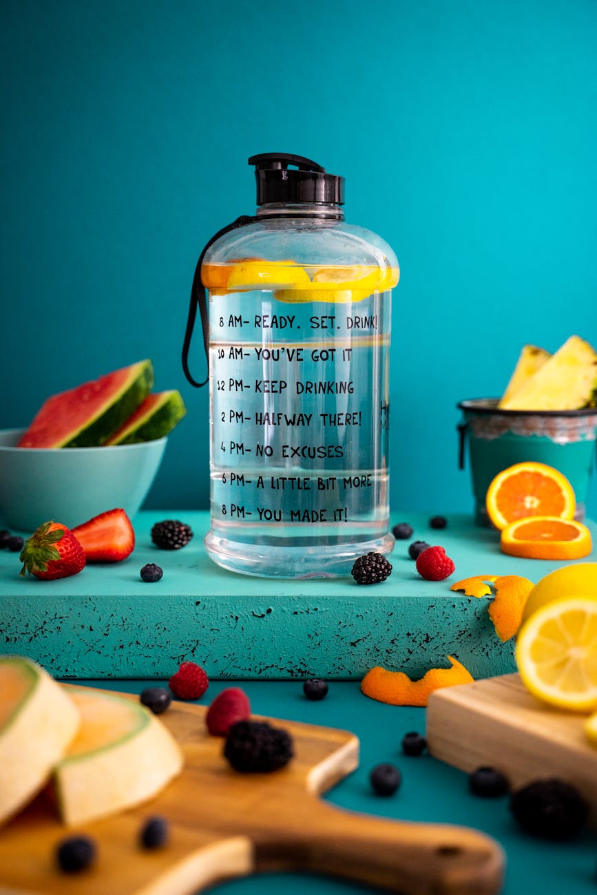 hydrate, this image shows a water bottle reminding readers to stay hydrated